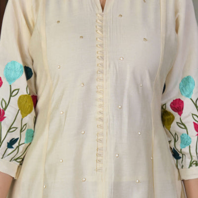 Cream Thread Embroidered Chanderi A-Line Salwar Suit