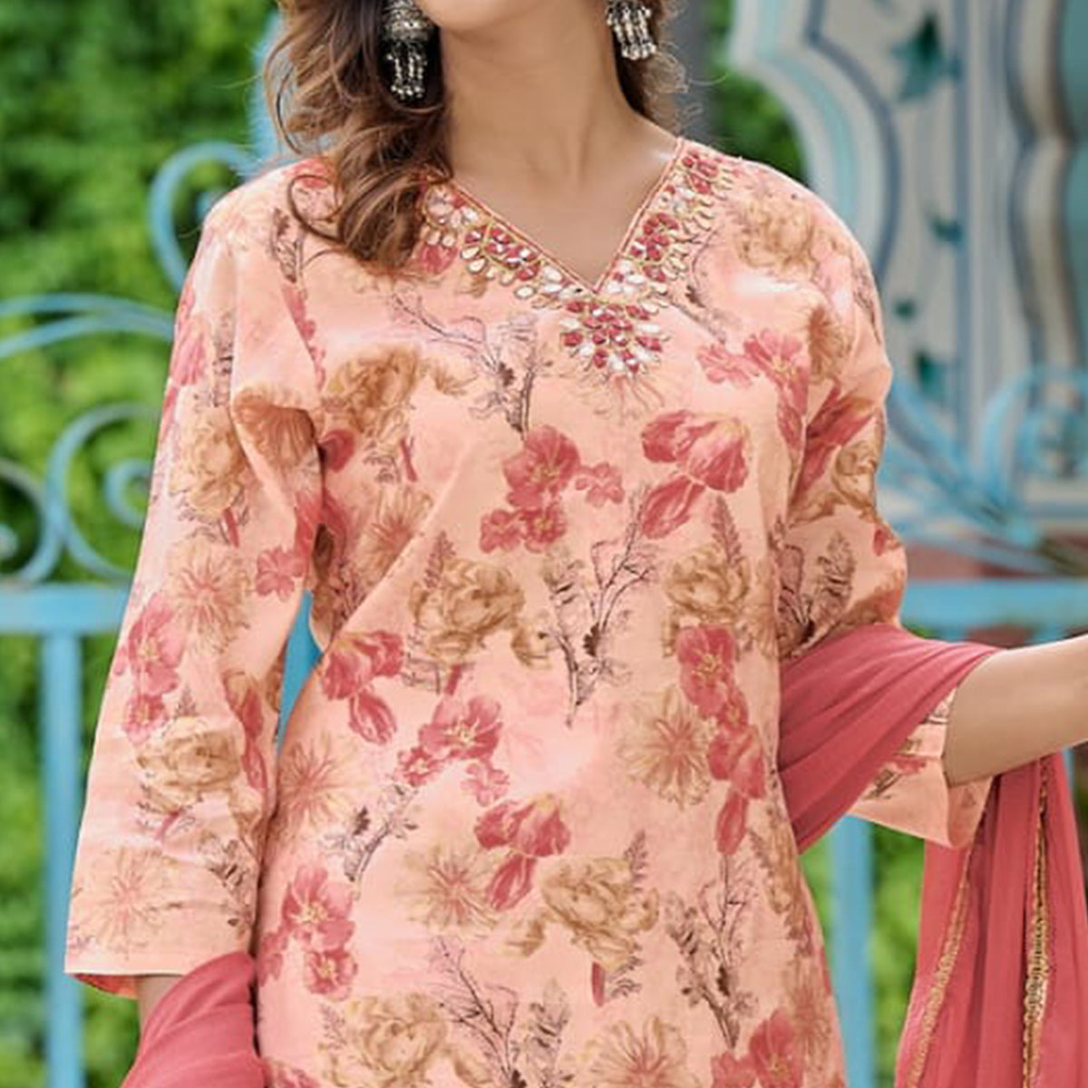 Light Peach Floral Foil Printed Chanderi Suit