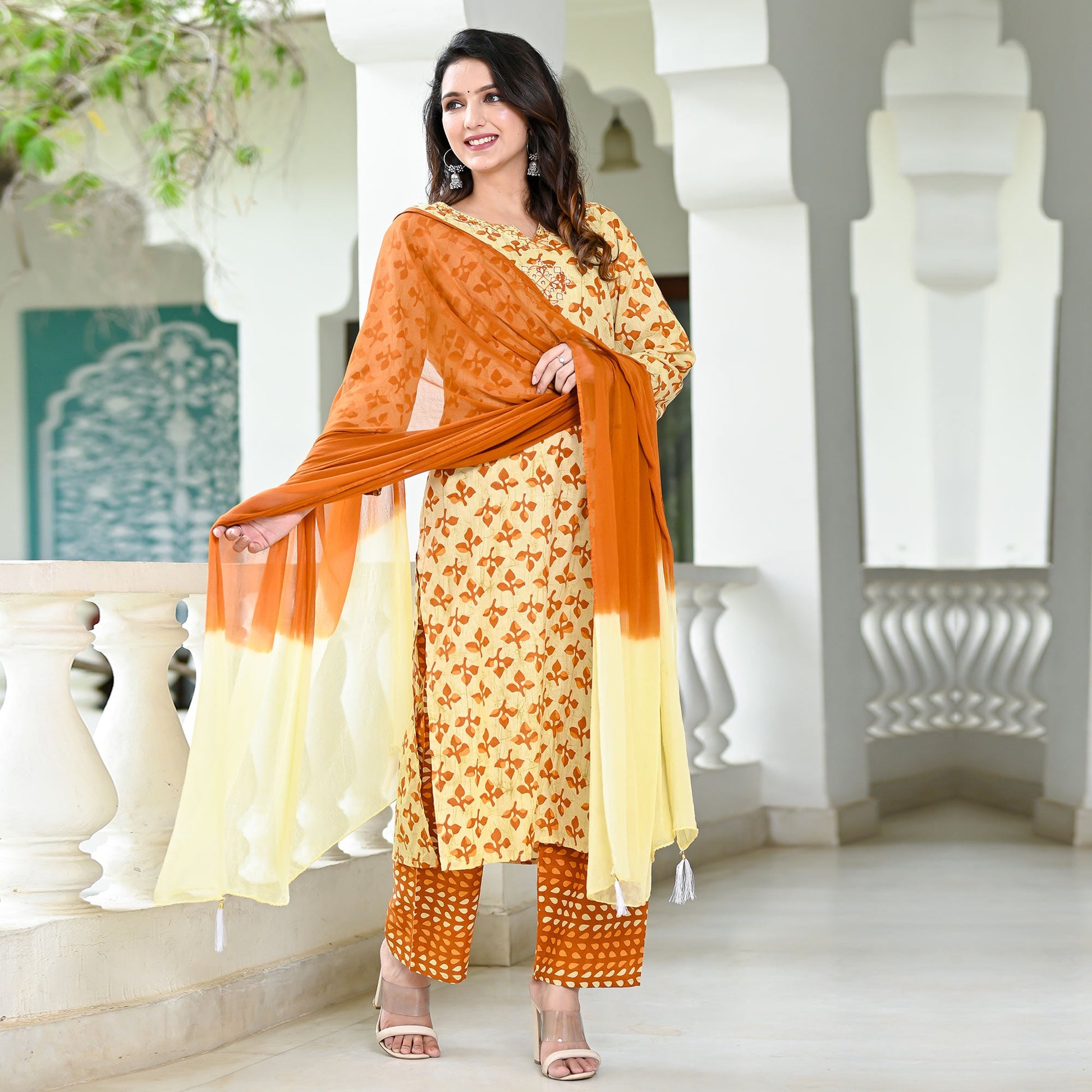Cream Brown Floral Printed Pure Cotton Suit