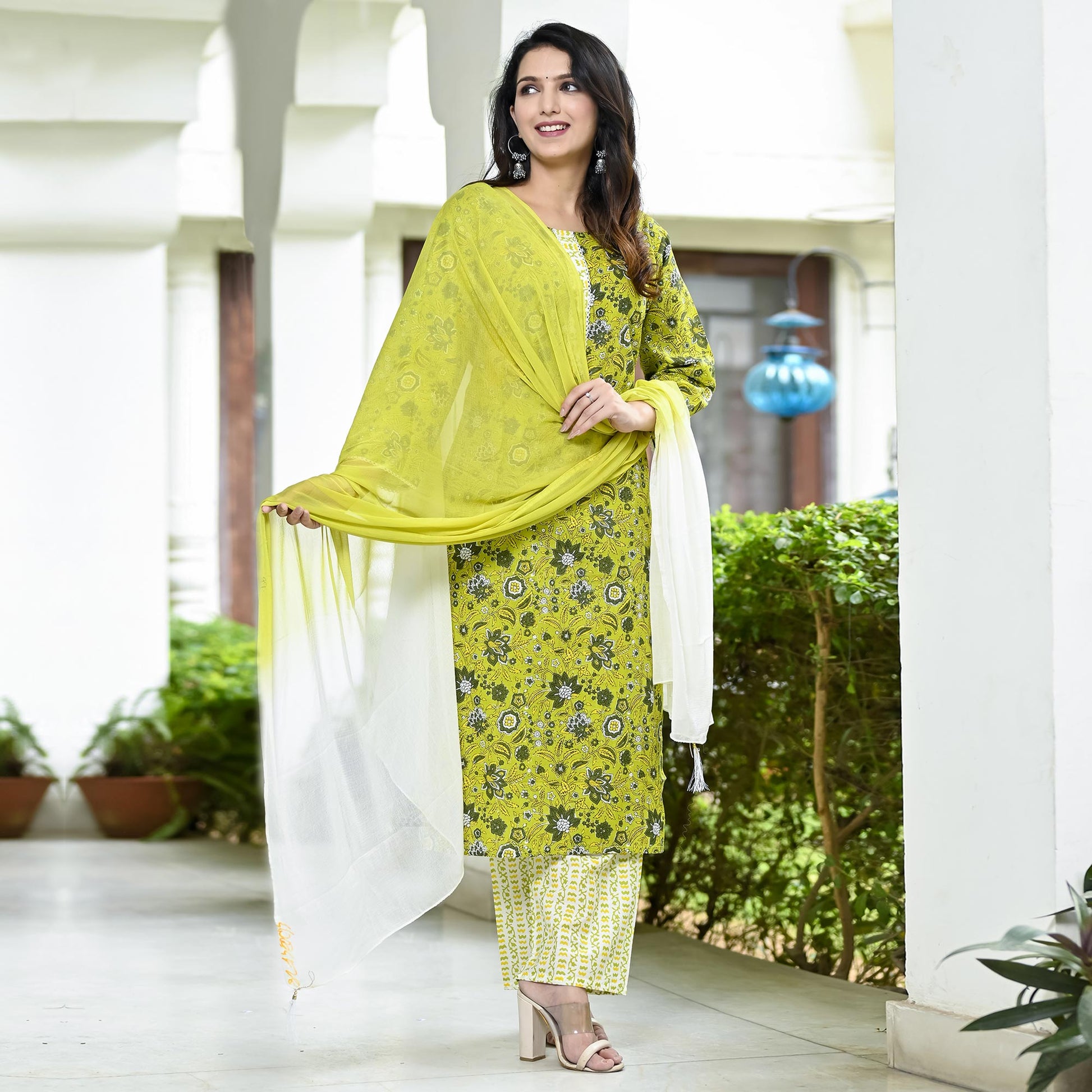 Lemon Green Floral Printed Pure Cotton Suit
