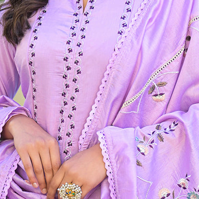 Light Purple Floral Embroidered Chanderi A-Line Salwar Suit