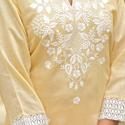 Chikoo Floral Embroidered Chanderi Kurti Pant Set