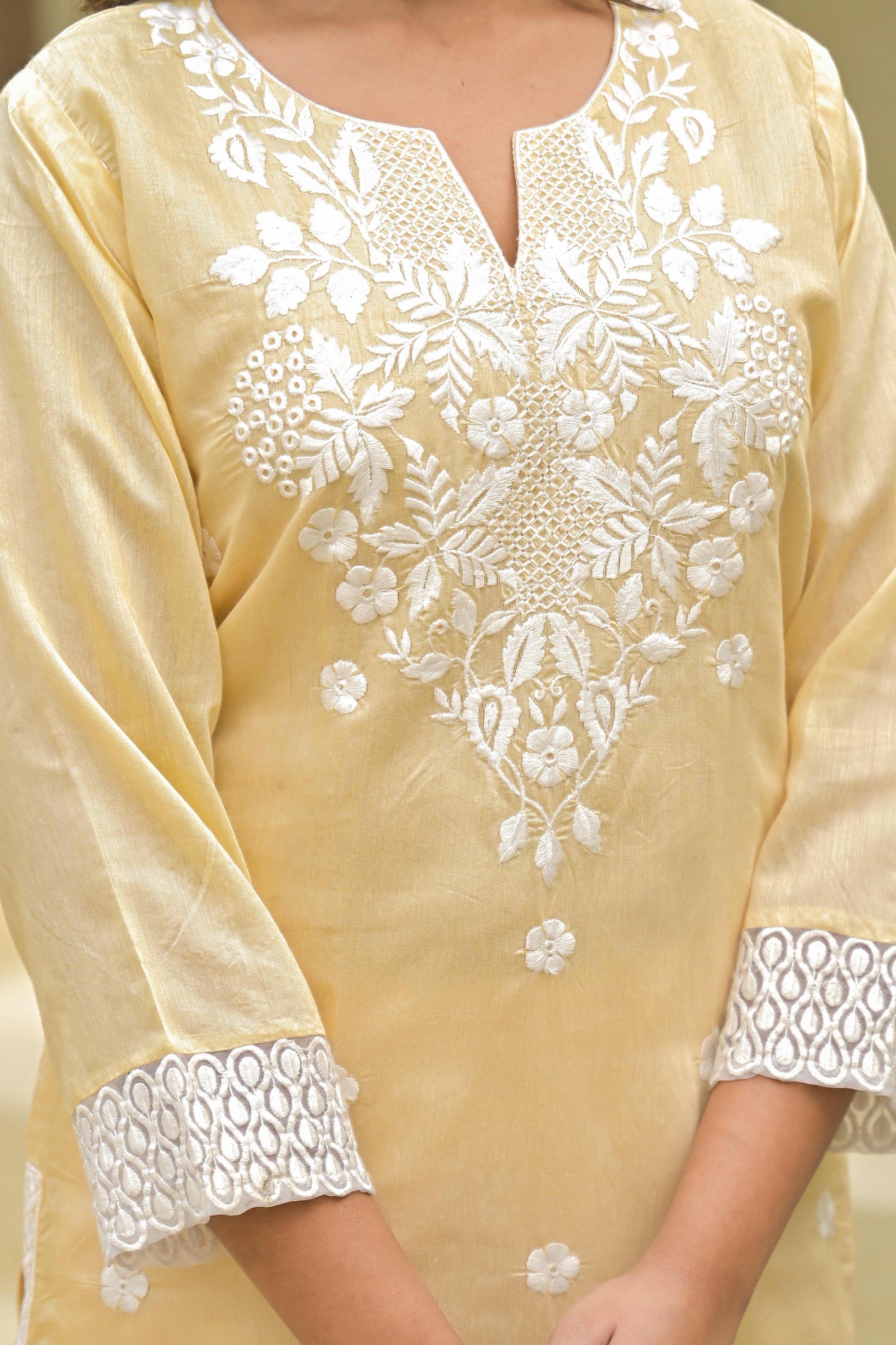 Chikoo Floral Embroidered Chanderi Kurti Pant Set