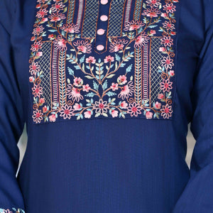 Blue Yoke Embroidered Rayon Slub Straight Kurti