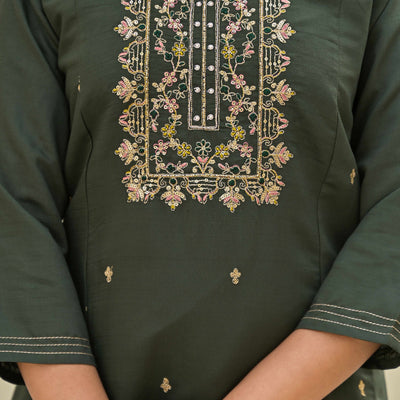 Mehandi Green Floral Embroidered Viscose A-Line Salwar Suit