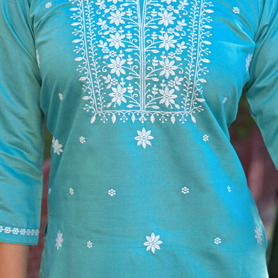 Mint Green Floral Embroidered Viscose Gadwal Silk Top Bottom Set