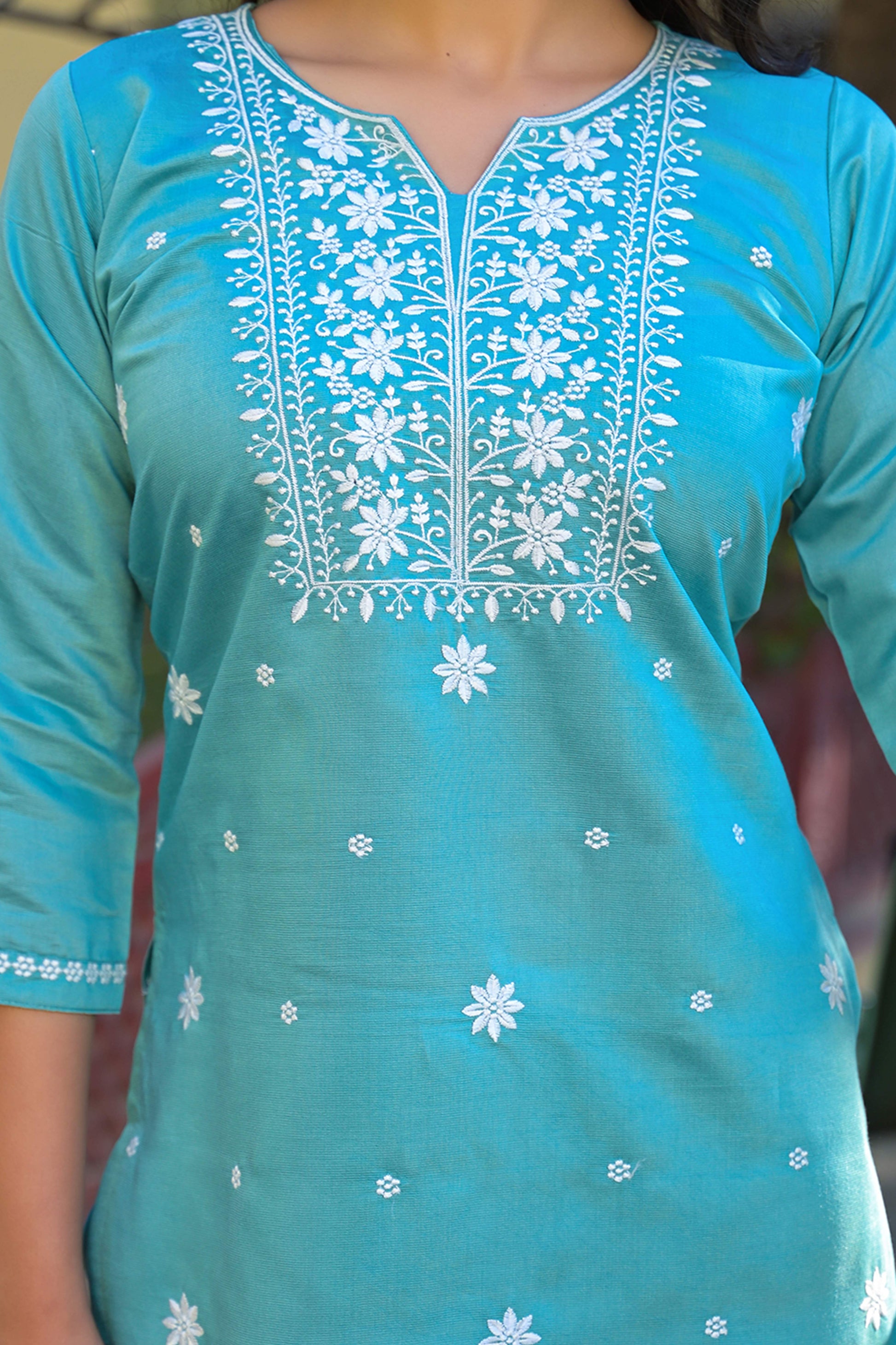 Mint Green Floral Embroidered Viscose Gadwal Silk Top Bottom Set