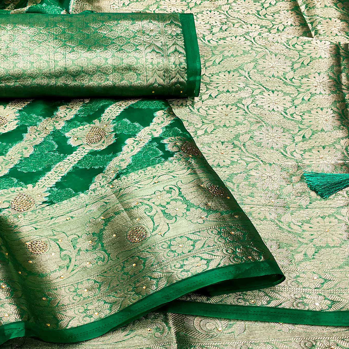 green-stone-work-woven-organza-jacquard-saree