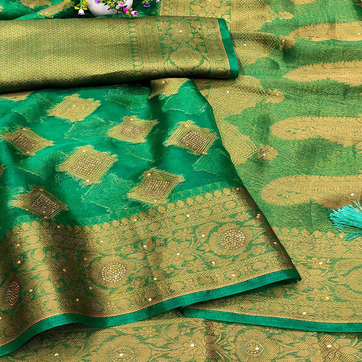 green-woven-with-stonework-organza-jacquard-saree