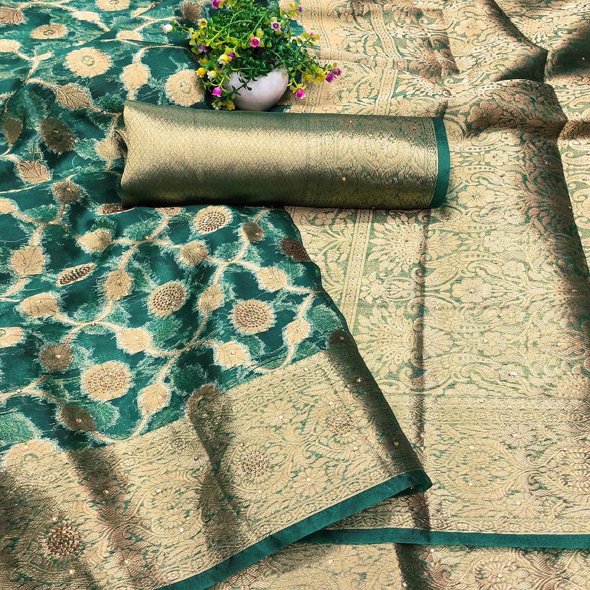 Dark Teal Stone Work Woven Organza Jacquard Saree
