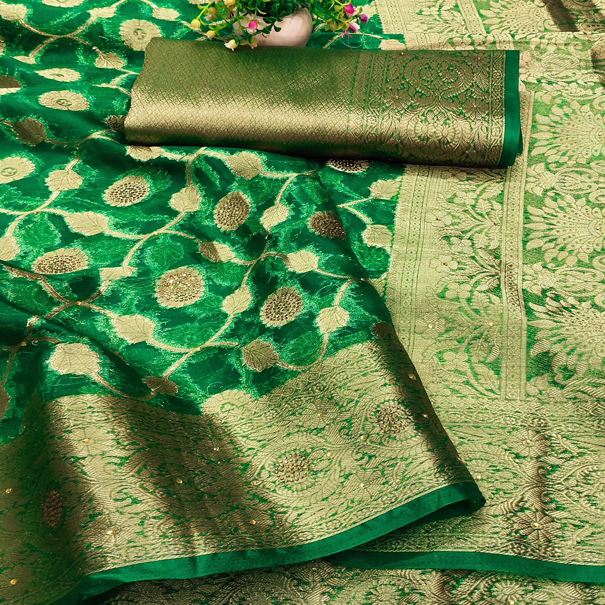 green-stone-work-woven-organza-jacquard-saree-1