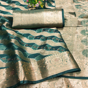 Dark Teal Stone Work Woven Organza Jacquard Saree