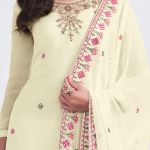 Light Yellow Sequins Embroidered With Stonework Georgette Semi Stitched Suit