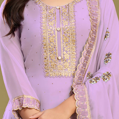 Lavender Floral Embroidery With Swarovski Work Georgette Semi Stitched Suit