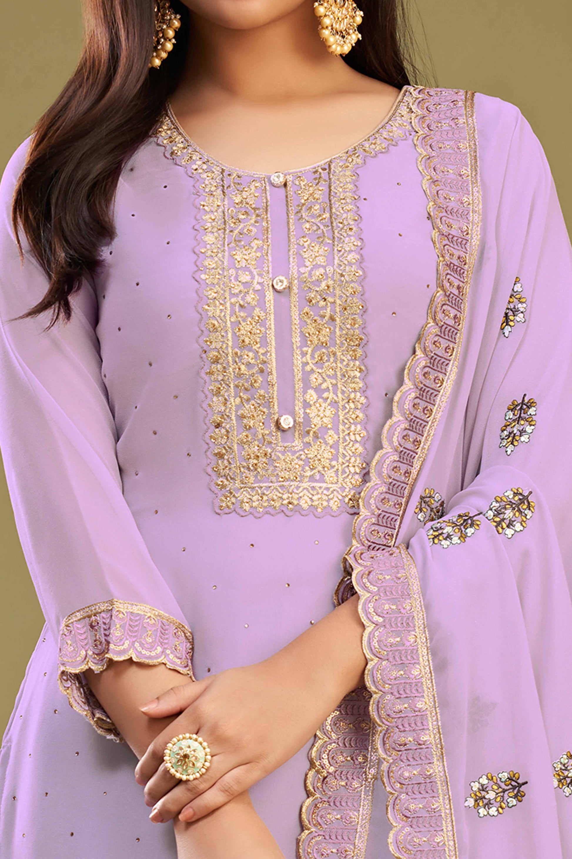 Lavender Floral Embroidery With Swarovski Work Georgette Semi Stitched Suit