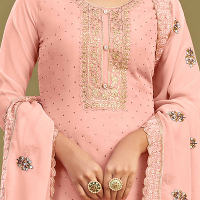 Gajari Pink Floral Embroidery With Swarovski Work Georgette Semi Stitched Suit