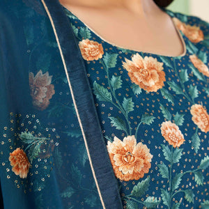 Morpich Blue Floral Sequins Embroidered Georgette Semi Stitched Suit
