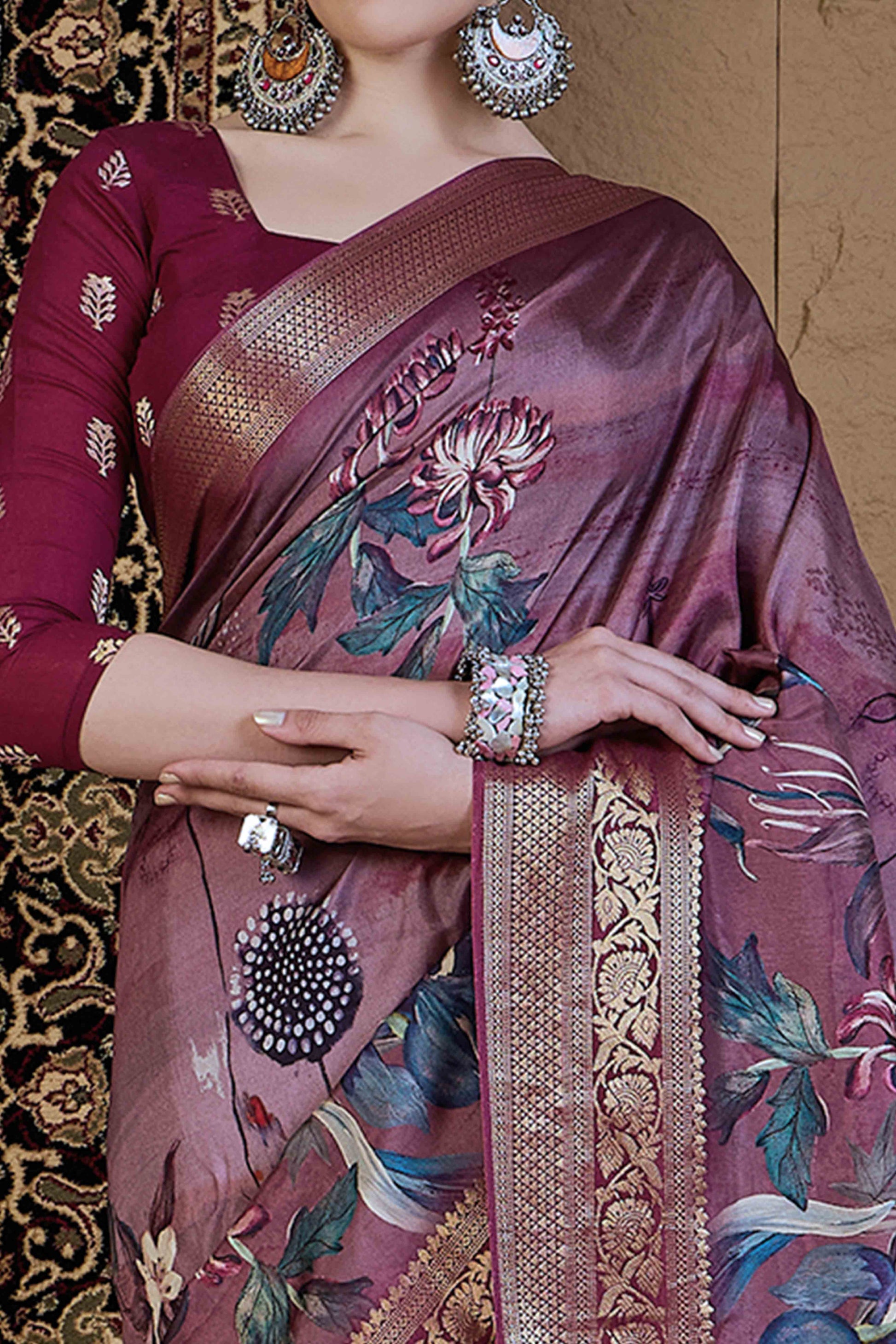 Dark Mauve Floral Printed Viscose Saree