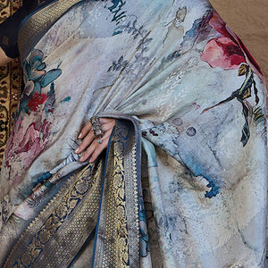 Bluish Grey Floral Printed Viscose Saree