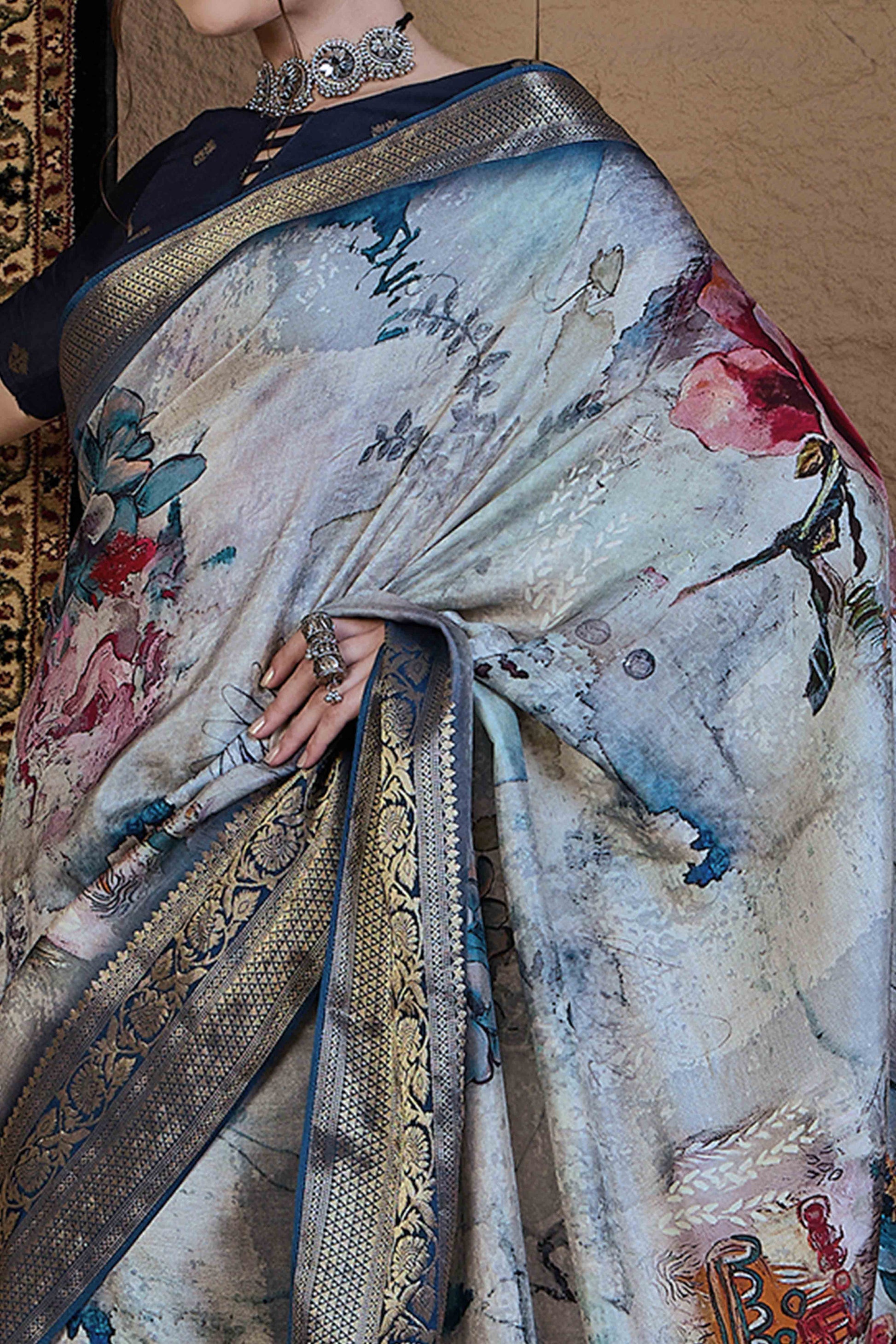 Bluish Grey Floral Printed Viscose Saree