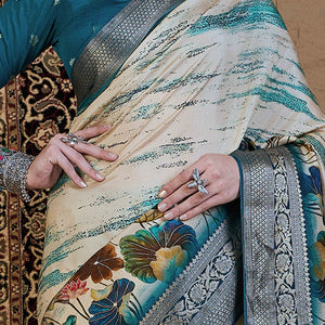 Cream & Teal Floral Printed Viscose Saree