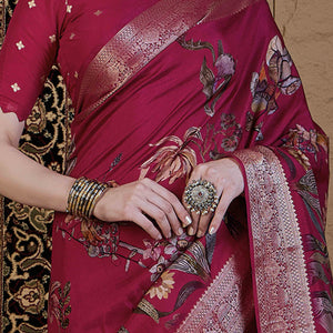 Magenta Floral Printed Viscose Saree