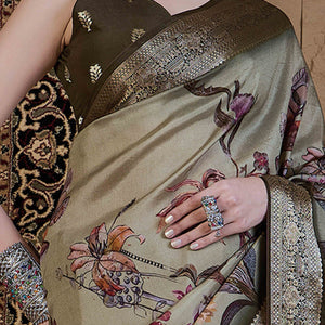 Light Green Floral Printed Viscose Saree
