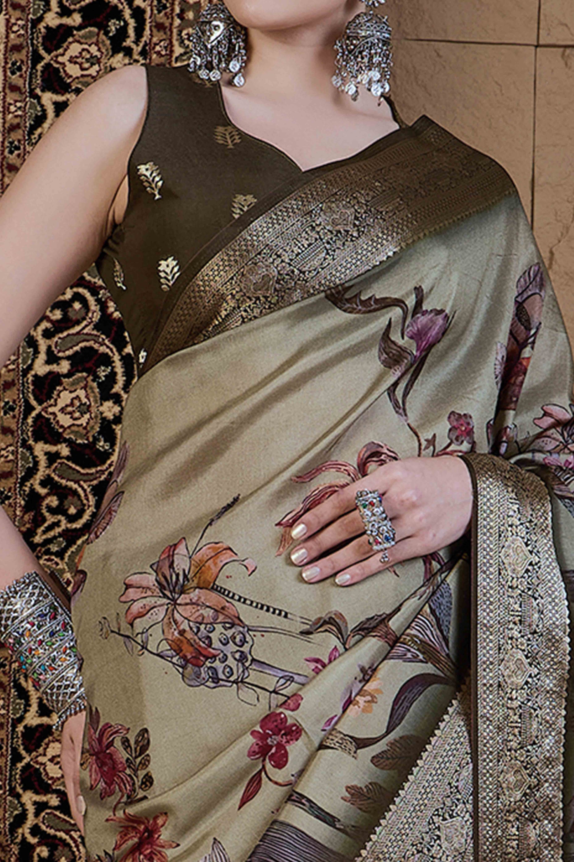 Light Green Floral Printed Viscose Saree