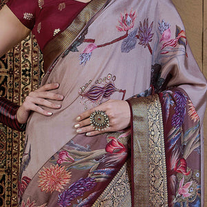 Light Mauve Floral Printed Viscose Saree