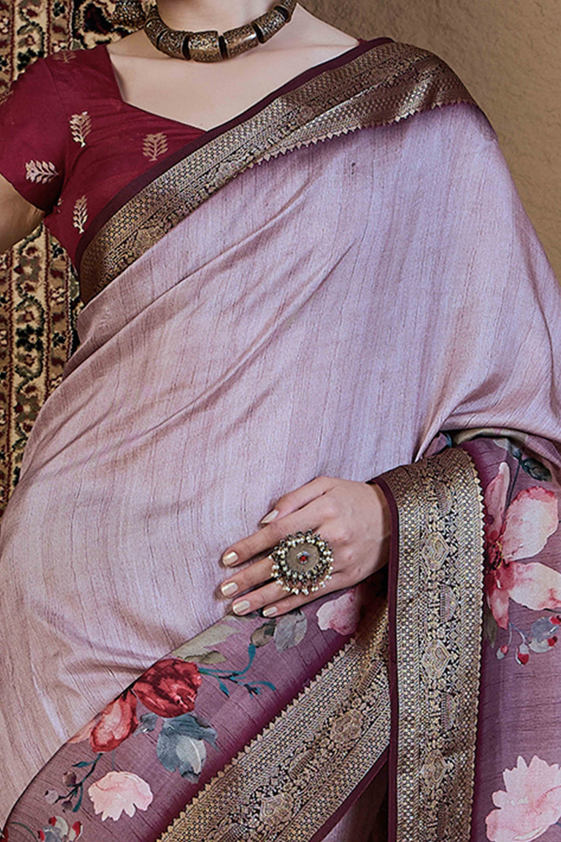 Light Mauve Floral Printed Viscose Saree