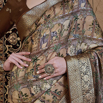Light Brown Abstract Print Printed Viscose Saree