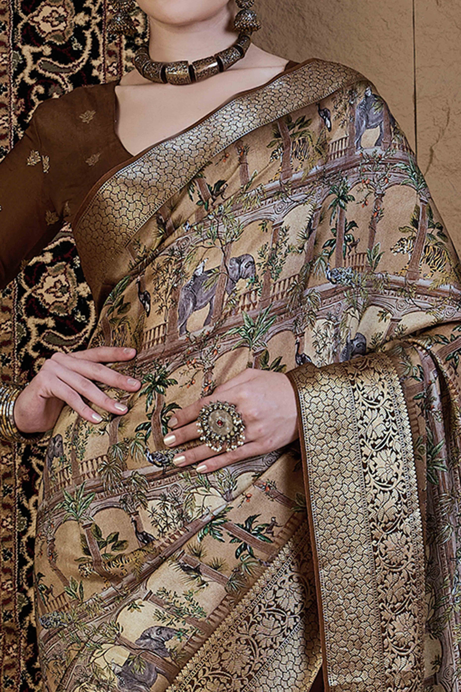 Light Brown Abstract Print Printed Viscose Saree