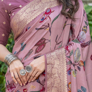 Mauve Floral Printed Viscose Saree