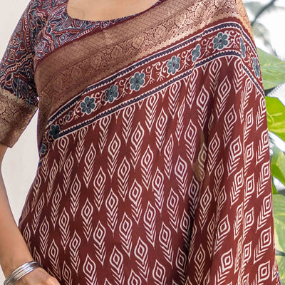 Brown Ajrakh Printed Pure Viscose Saree