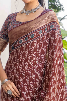Brown Ajrakh Printed Pure Viscose Saree