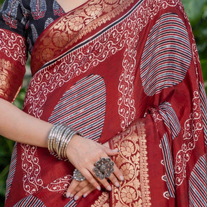 Maroon Ajrakh Printed Pure Viscose Saree