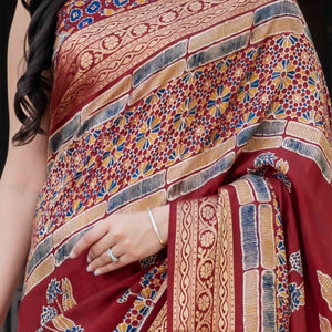 Maroon Ajrakh Printed Pure Viscose Saree