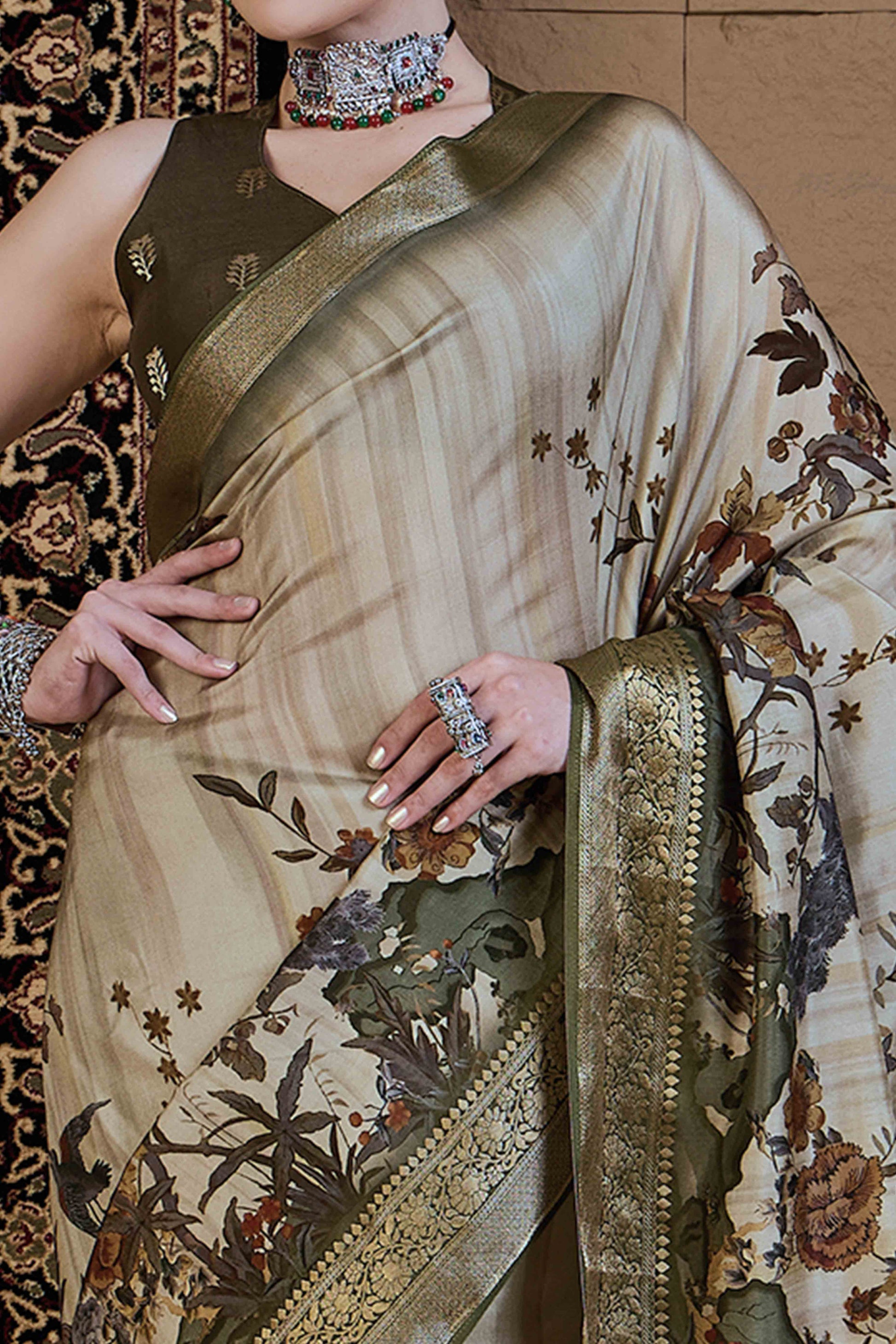 Light Green Floral Printed Viscose Saree
