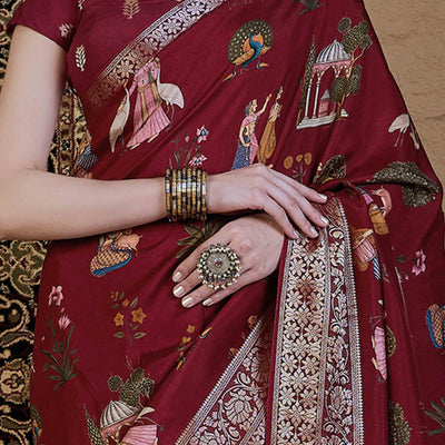 Maroon Floral Printed Viscose Saree