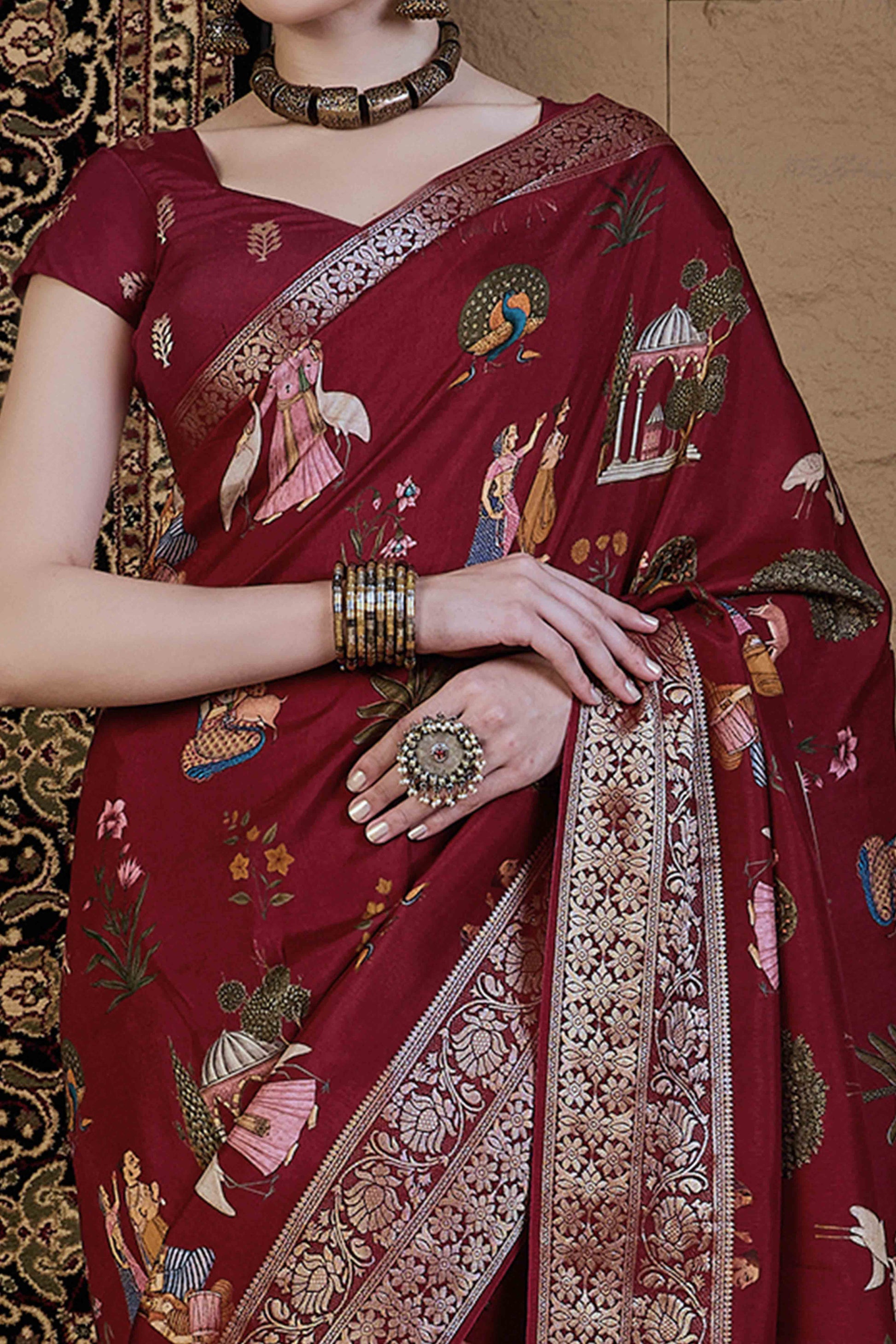 Maroon Floral Printed Viscose Saree