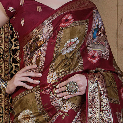 Maroon & Green Floral Printed Viscose Saree