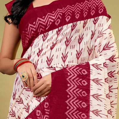 Maroon Ikkat Printed Cotton Slub Saree