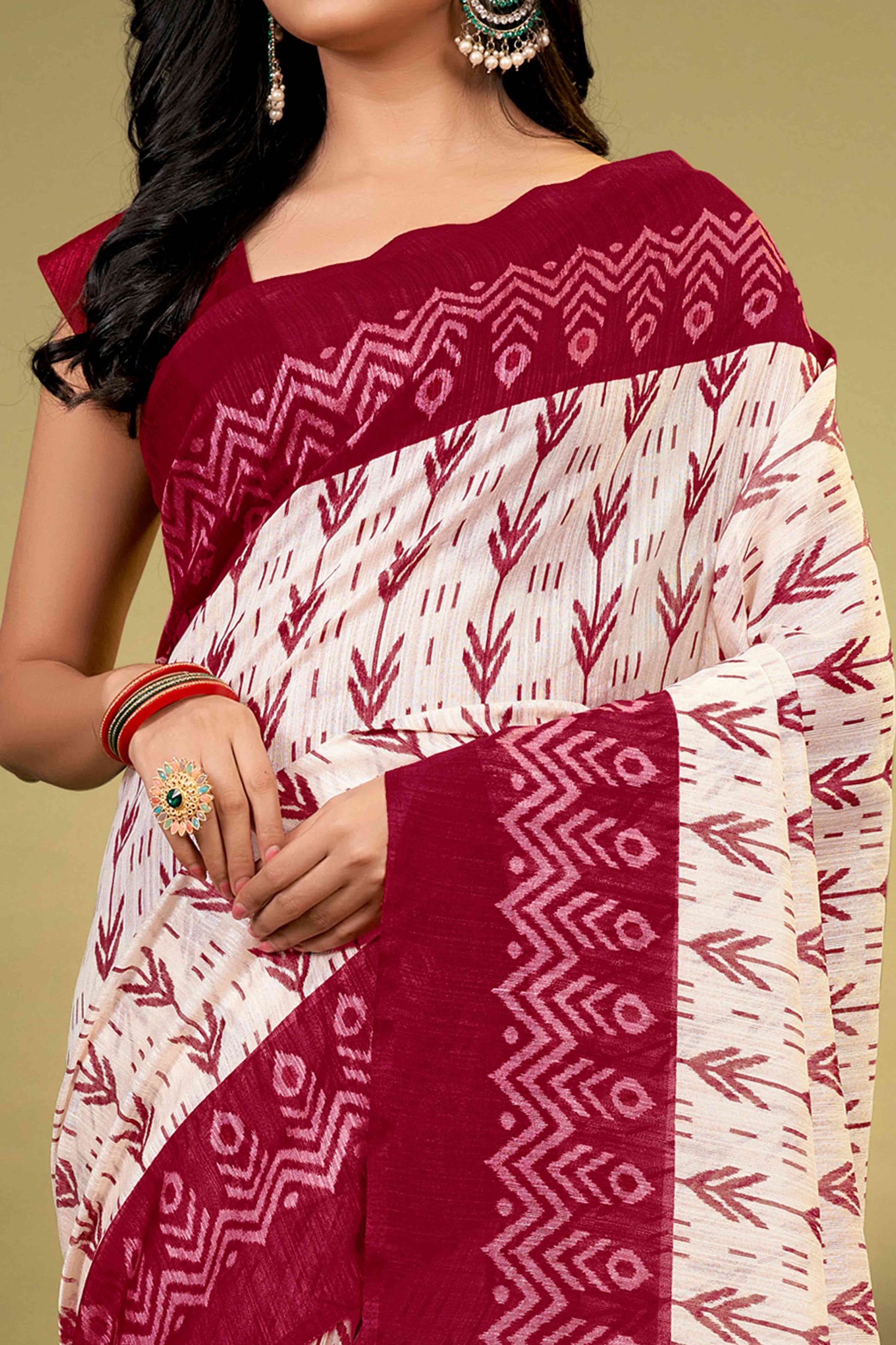 Maroon Ikkat Printed Cotton Slub Saree