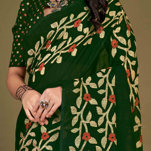 green-floral-printed-cotton-slub-saree