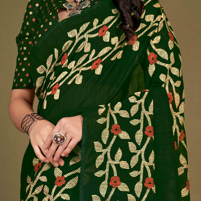 green-floral-printed-cotton-slub-saree