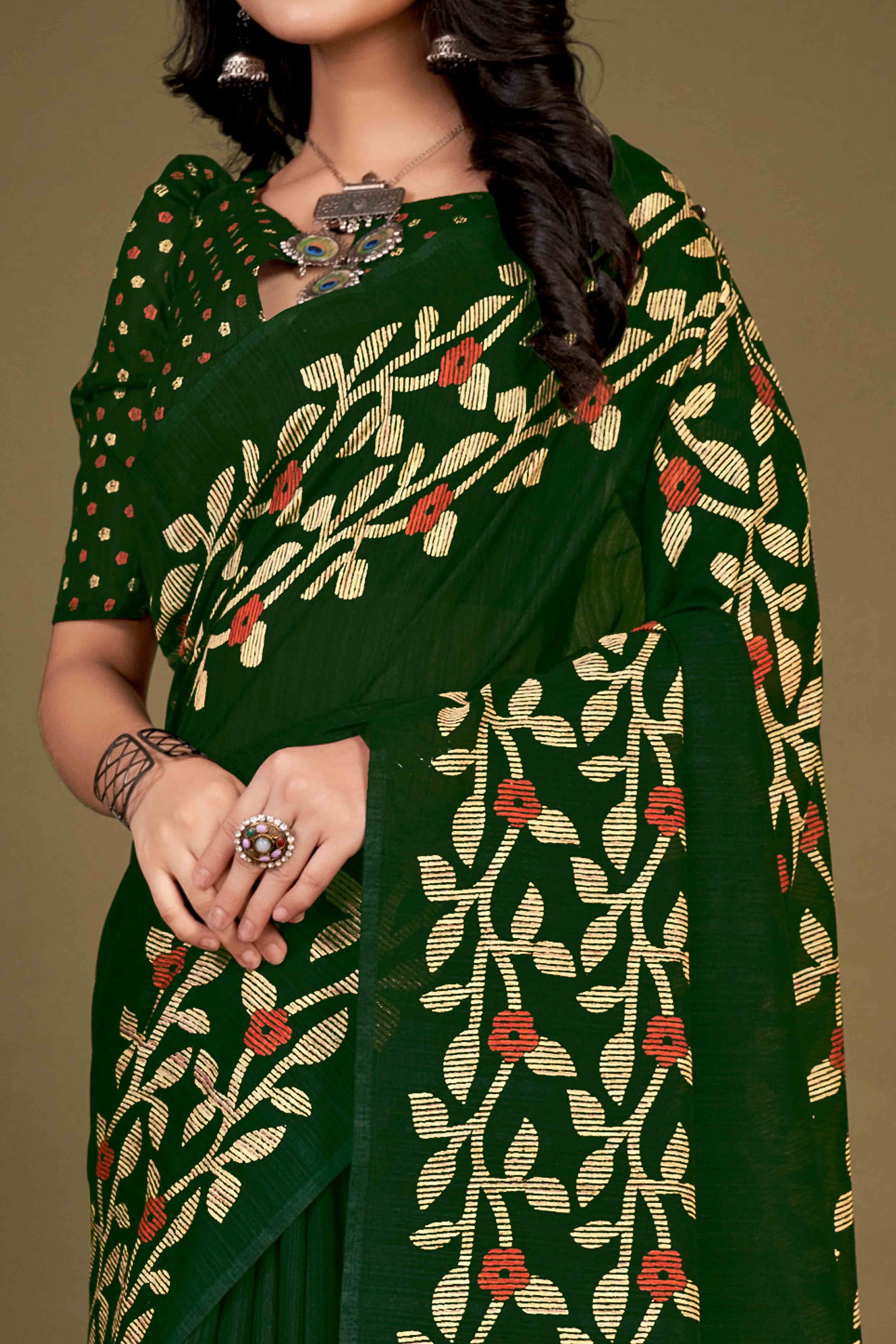 green-floral-printed-cotton-slub-saree