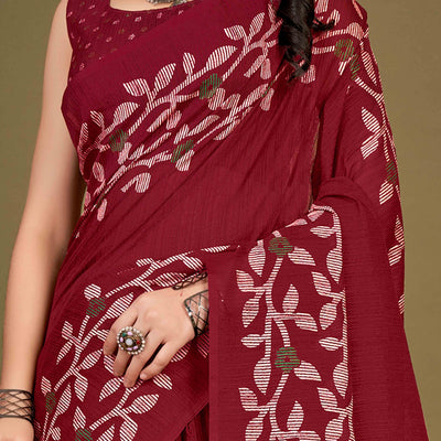 Maroon Floral Printed Cotton Slub Saree