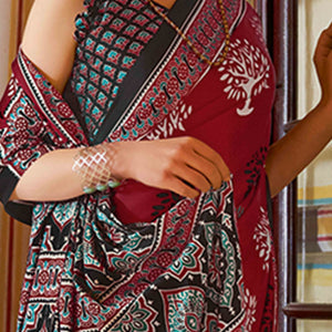 Maroon Floral Ajrakh Printed Satin Saree With Tassels