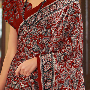 Maroon Floral Ajrakh Printed Satin Saree With Tassels