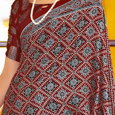 Maroon Floral Ajrakh Printed Satin Saree With Tassels